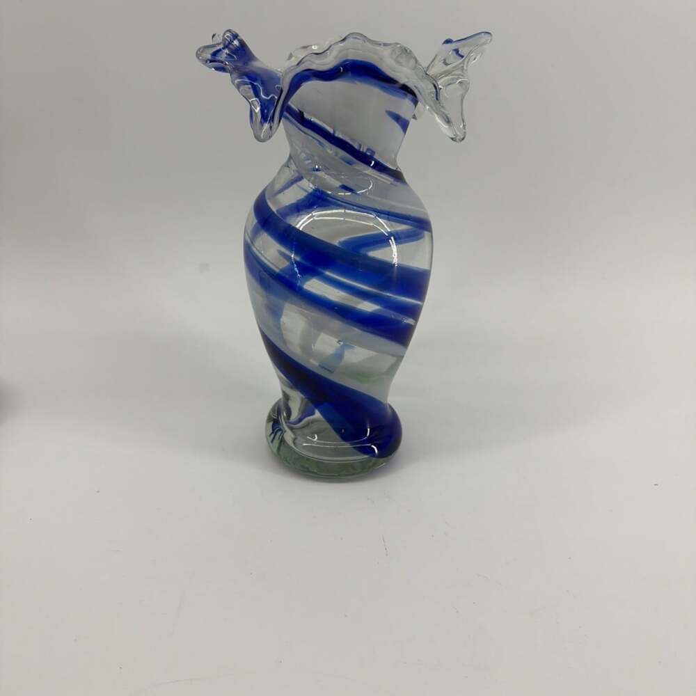 Smith’s Old Timer Hand Blown Art Glass White & Blue Swirl, Ruffled Vase 8”